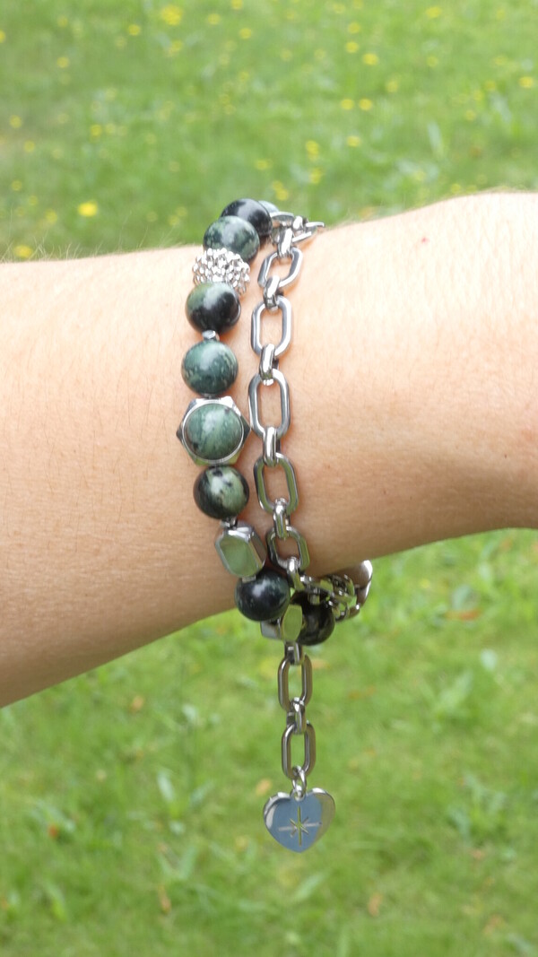 Armband met groene ogen jaspis edelstenen en hematiet edelstenen